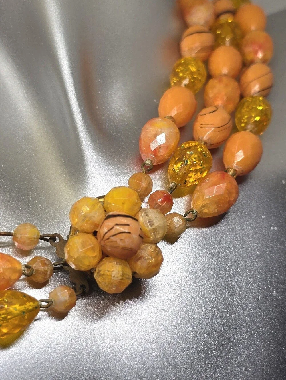 West Germany Vintage Peach  Acrylic Faceted Bead Signed 3 Strand Necklace MC